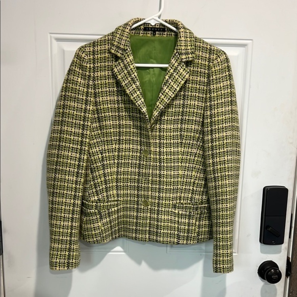 Theory Barry Box Tweed Plaid Green Women's Jacket angora wool